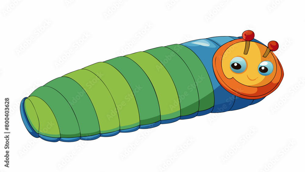 Poster a colorful kidsized sleeping bag shaped like a cozy caterpillar. it has a fuzzy lining playful print