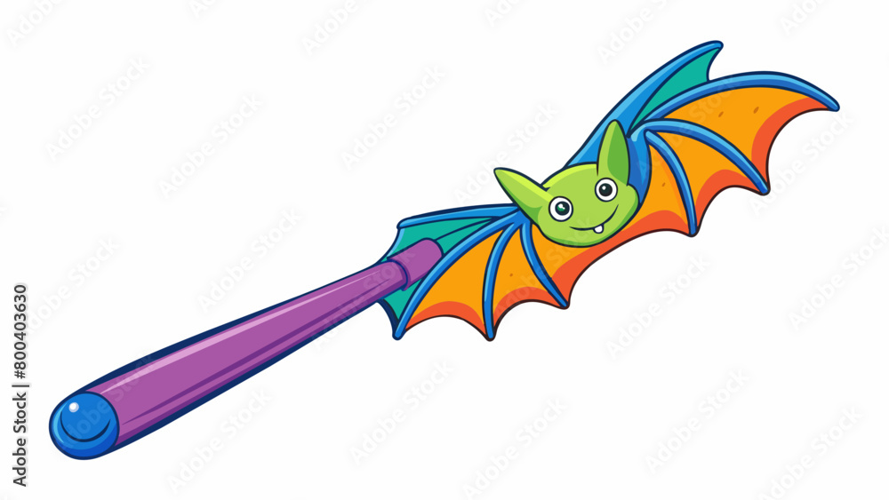 Poster A colorful plastic toy bat designed for young children. It has a shorter length and a thicker chunkier design for easier handling. The handle is. Cartoon Vector.