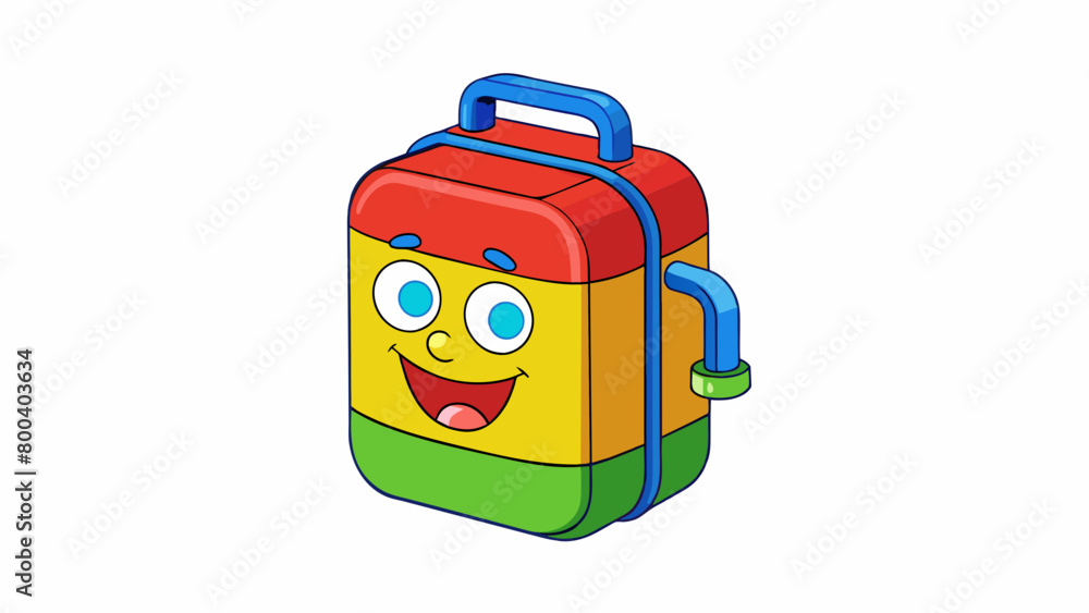 Poster a colorful plastic lunchbox thermos designed with a e cartoon character. its wide mouth makes it eas