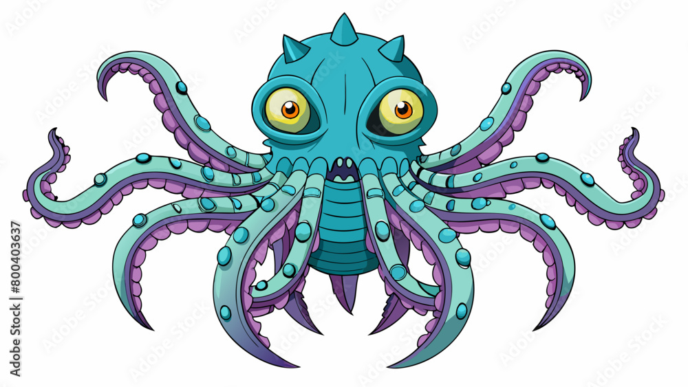 Poster A colossal cephalopod with multiple heads and a body resembling a gigantic octopus. It has large glowing eyes and its tentacles are lined with sharp. Cartoon Vector.