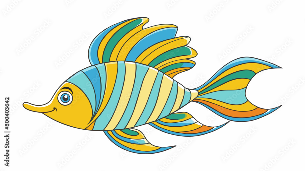 Poster A colorful striped fish with flowing feathery fins gracefully twists and turns through the water resembling a majestic bird in flight as it navigates. Cartoon Vector.