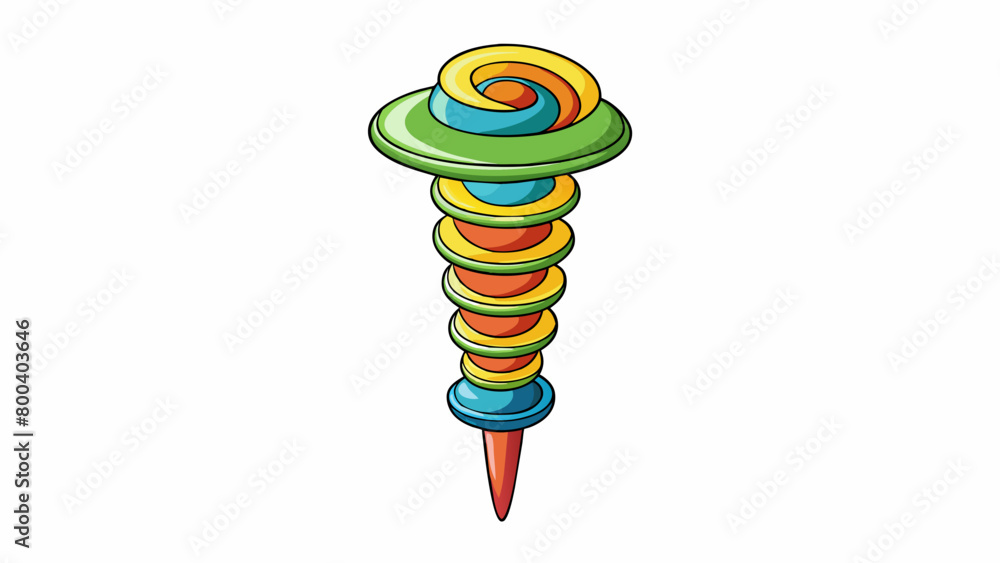 Poster A colorful plastic spiral stake with a spiral shape and a curved top. The stake can be twisted into the ground like a corkscrew and has a large. Cartoon Vector.