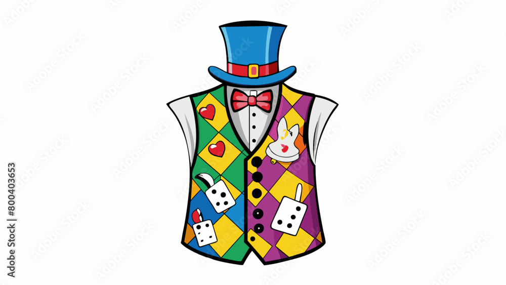 Poster A colorful vest adorned with a printed pattern of rabbits in top hats and playing cards paired with a black and white striped hat and a wand with a. Cartoon Vector.
