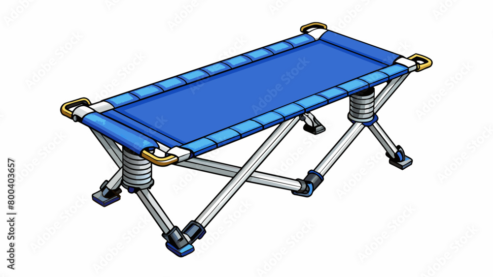 Poster a compact and portable camping cot made of durable steel with a blue nylon cover. the cot features a