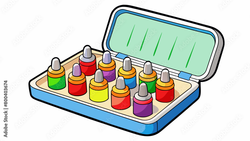 Poster a compact finger paint set featuring twelve miniature bottleshaped containers of vibrant colors. the