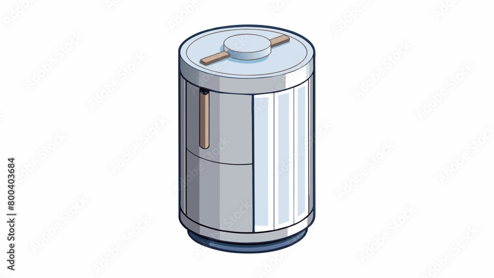 Poster a compact cylindrical unit with a sleek silver exterior. the top lifts up to reveal a seat and the s