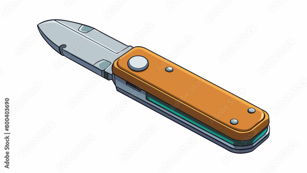 Poster A compact folding knife with a compact blade that can be locked in place when open providing precision and control for various tasks such as slicing. Cartoon Vector.