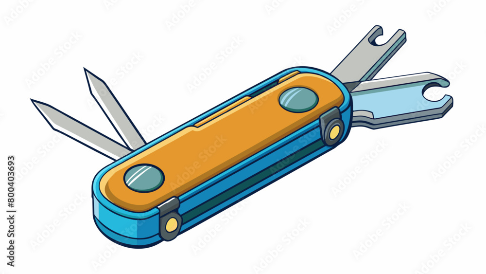 Poster A compact multitool pocket knife with a durable plastic casing and multiple foldable blades. Along with a sharp main blade it also includes a flathead. Cartoon Vector.
