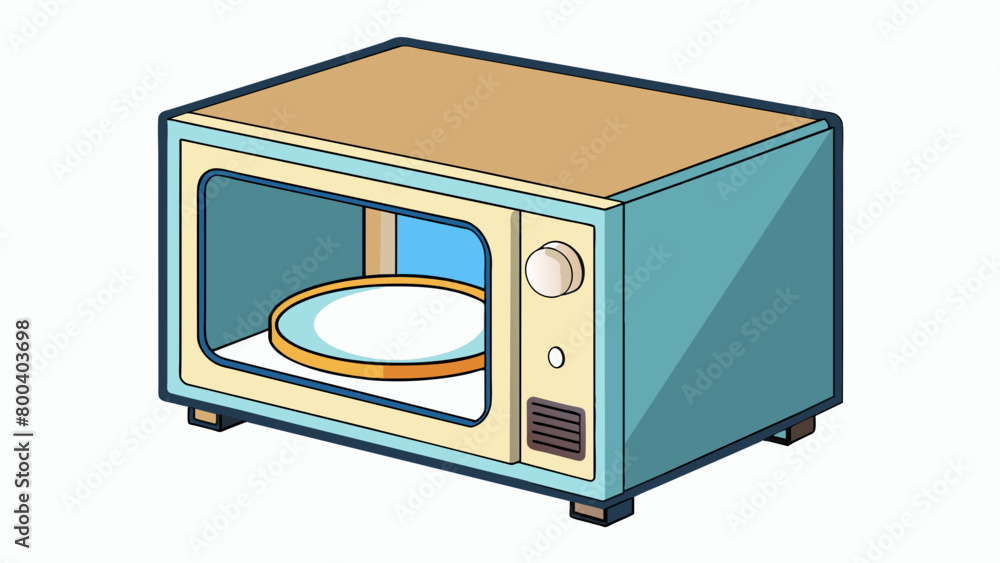 Poster a compact microwave oven with a clear door and a rotating turntable inside. on white background . ca