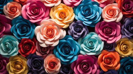 A stunning visual array of paper roses in various vibrant colors tightly packed to form a joyful background