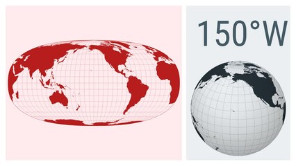 World Map Animation. Waldo R. Tobler hyperelliptical projection. Solid color style. Animated world map in Hyperelliptical projection. Loopable animation showing longitude shift and matching globe.