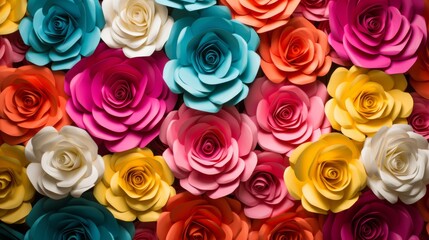 A delightful composition of handcrafted paper roses in bold, contrasting colors signifying joy and creativity