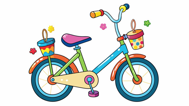 A colorful childrens bike with training wheels a miniature bell on the handlebar and fun decorations like streamers and stickers. The frame is small. Cartoon Vector.