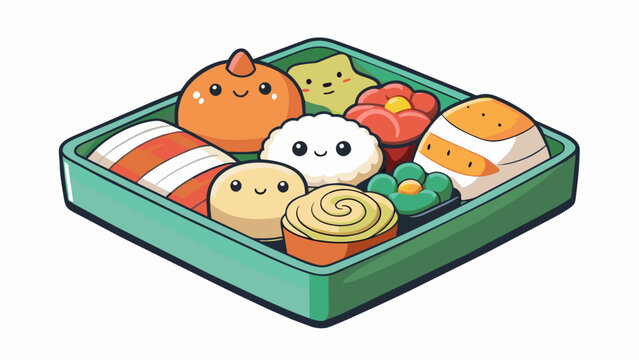 A collection of sushi rolls dumplings and other Japanese dishes made from soft squishy foam. These plush toys are perfect for young children to play. Cartoon Vector.