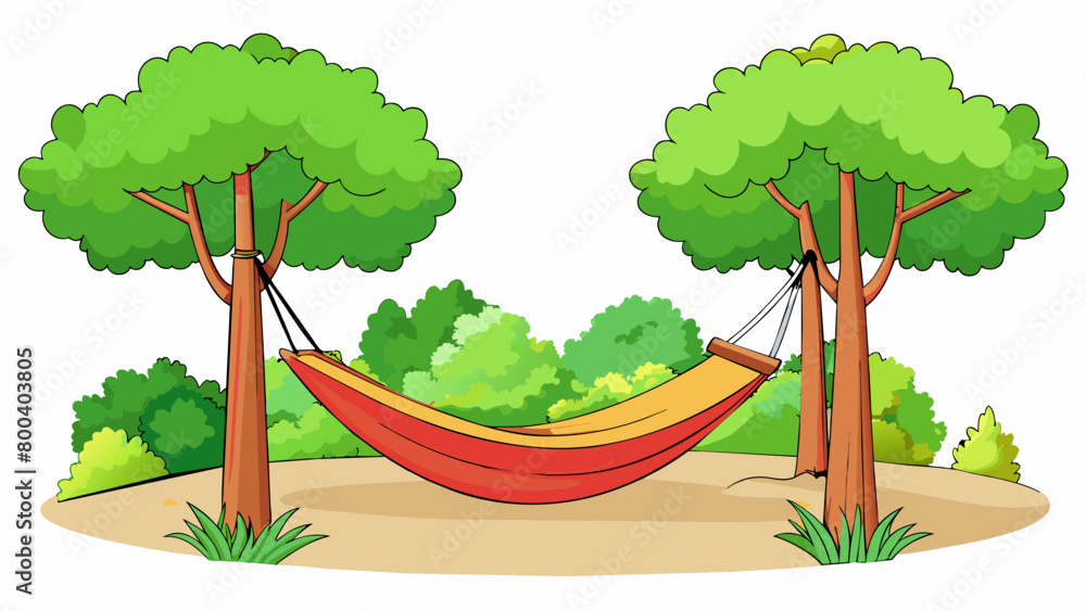 Poster a cozy lightweight hammock made from soft woven fabric hangs between two tall trees in a shaded back