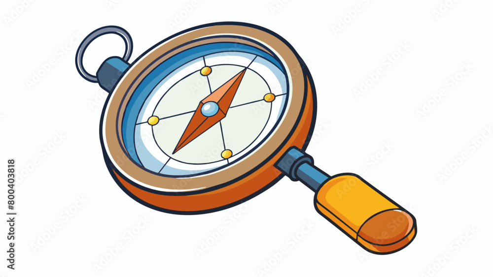 Poster A compass with a sy metal casing and a clear dial for easy navigation. The compass also has a small magnifying glass attached for reading maps and a. Cartoon Vector.