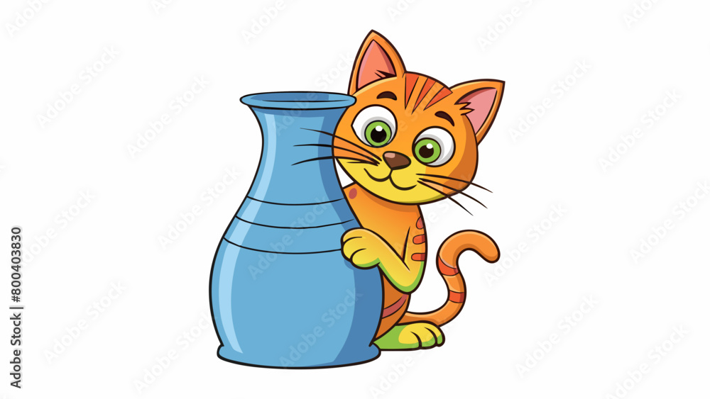 Poster A curious cat with sharp claws and a twitchy nose peeking out from behind a vase to investigate a strange noise.  on white background . Cartoon Vector.