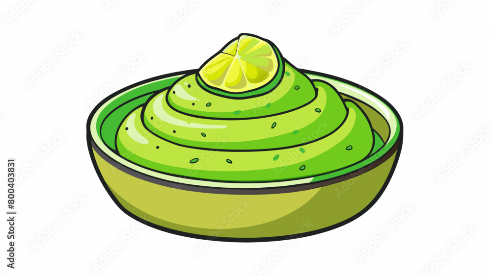 Poster A creamy green dip made from mashed avocados seasoned with tangy lime juice and sprinkled with flecks of chopped cilantro.  on white background . Cartoon Vector.
