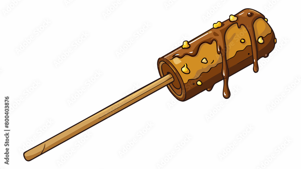 Poster A cylindrical stick made of a thick gooey substance covered in a thin layer of melted chocolate and speared through by a long wooden skewer.  on. Cartoon Vector.