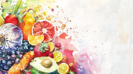 Watercolor illustration, healthy food, fresh fruits, vegetables 
and whole grains, abstract background, poster with a place to copy space