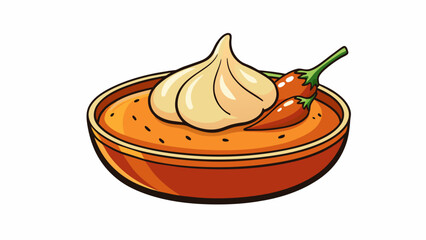 A creamy tangy sauce with a slight grainy texture bursting with the flavors of sundried tomatoes and roasted garlic.  on white background . Cartoon Vector. - obrazy, fototapety, plakaty