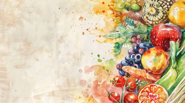 Watercolor illustration, healthy food, fresh fruits, vegetables 
and whole grains, abstract background, poster with a place to copy space