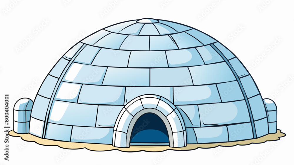 Poster A domeshaped snow structure with a narrow entrance tunnel and a flat circular roof. It is built by carving large blocks of snow and fitting them. Cartoon Vector.