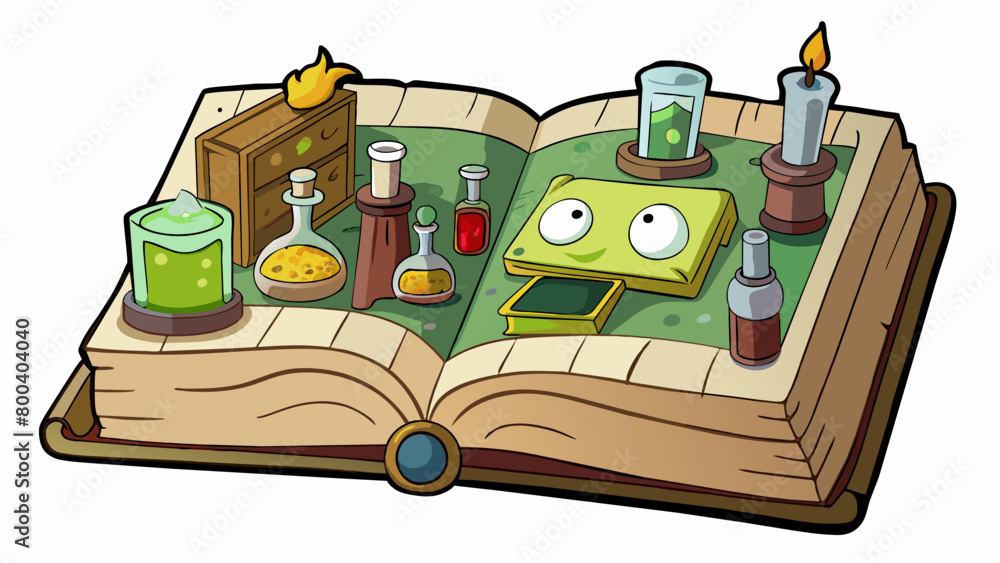 Aufkleber A dusty book of ancient spells its pages yellowed and worn with use sitting on a shelf in a dimly lit room surrounded by jars of strange ingredients.. Cartoon Vector.
