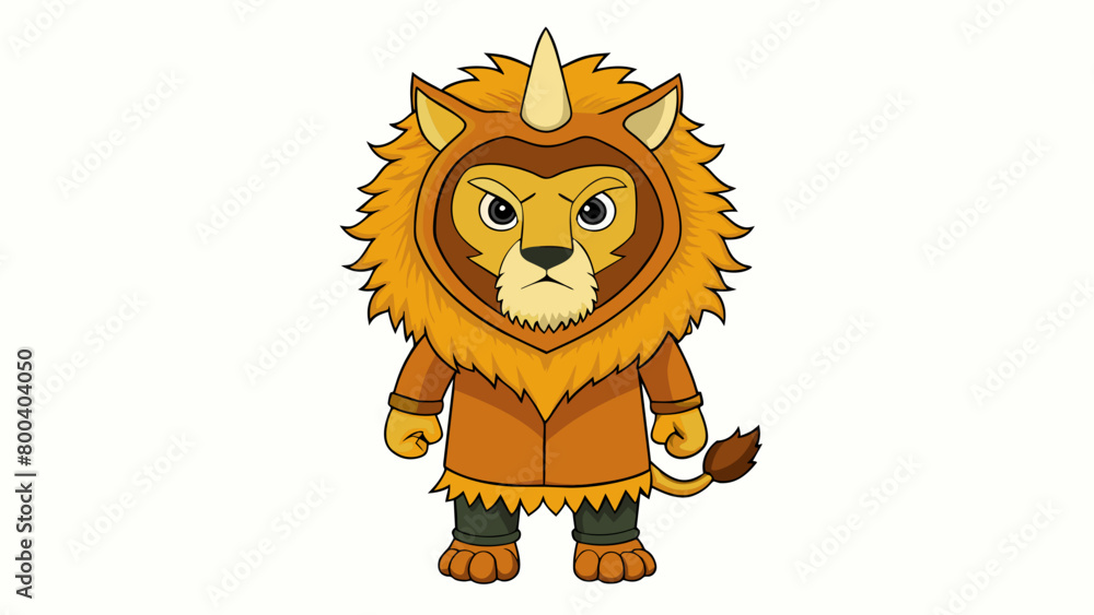 Poster a fierce lion costume with a golden mane pointy ears and a tail. it has a furlike material that repl