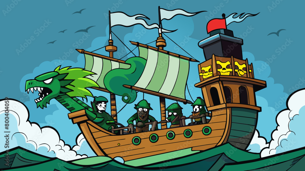 Poster A fierce storm raged around the pirate ship yet it pressed on with unwavering determination. Its deck was lined with canons preparing for a fierce. Cartoon Vector.