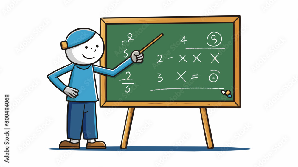Poster A figure a chalkboard scribbling down numbers and symbols with precision and focus.  on white background . Cartoon Vector.