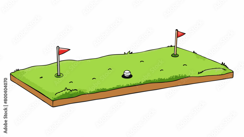Poster a flat rectangle of freshly grass marked by a white tee marker at one end and a set of yardage marke