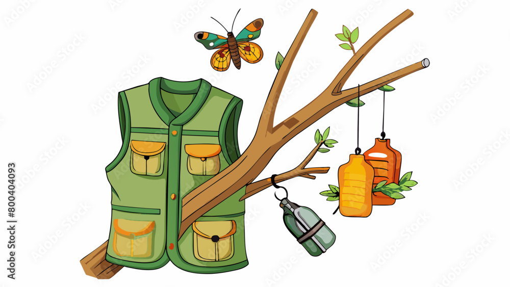 Poster a fly fishing vest hangs from the branch of a tree filled with all the necessary tools and gear for 