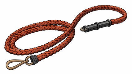 A dog leash constructed from a thick black paracord featuring a comfortable handle and a sy metal clip to attach to a collar. The cord is weather. Cartoon Vector.