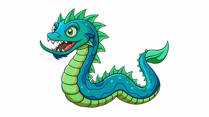 A fearsome sea serpent with a barbed dragonlike tail and a mottled green and blue body that can change color to blend in with its surroundings. Its. Cartoon Vector.