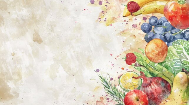 Watercolor illustration, healthy food, fresh fruits, vegetables 
and whole grains, abstract background, poster with a place to copy space