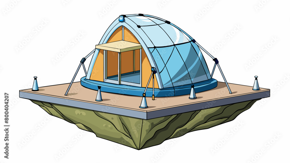 Poster a futuristiclooking tent on the edge of a mountain cliff made from a lightweight and reflective mate