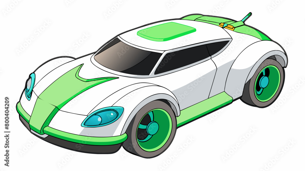 Poster a futuristiclooking remote control car with a glossy white body and neon green accents. it is equipp