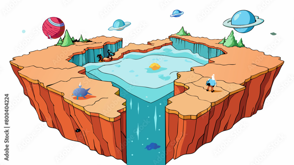 Poster a giant icy canyon splits through the planets surface revealing layers of different colored rock and