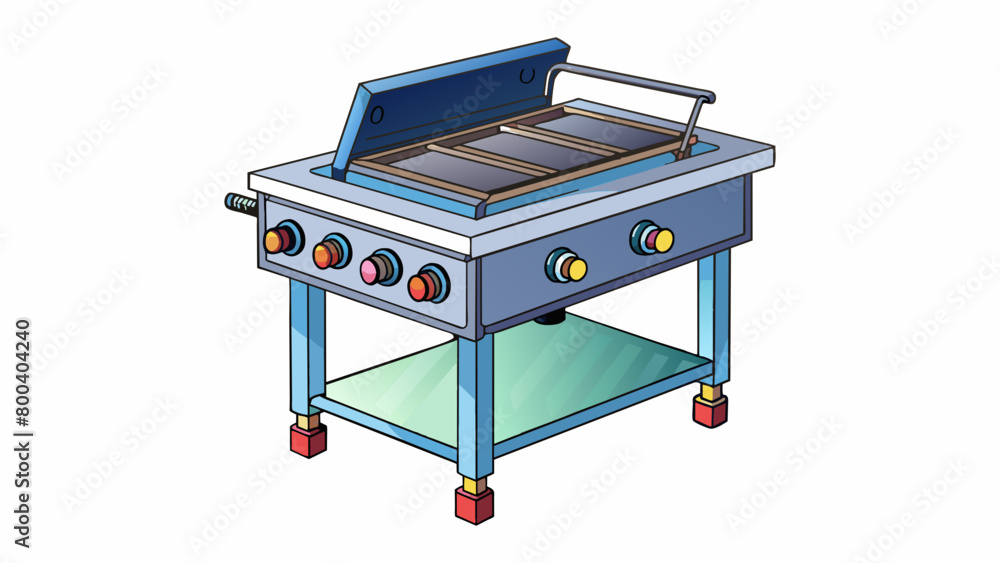 Aufkleber A gaspowered grill with a compact rectangular shape and a porcelaincoated cooking surface. It features multiple burners and a builtin ignition system. Cartoon Vector.