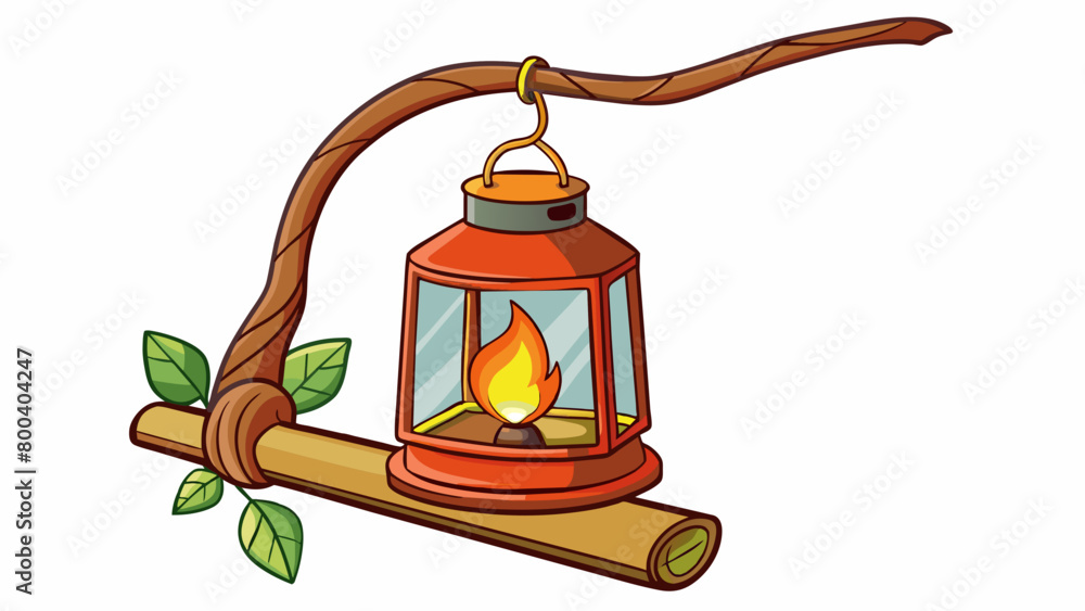 Poster A glass lantern with curved edges filled with a flickering flame and suspended from a tree branch. It sways gently in the breeze casting a warm light. Cartoon Vector.
