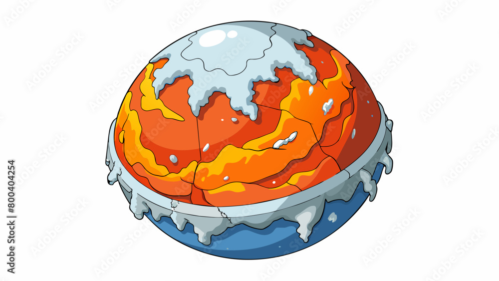 Poster a gigantic frozen planet covered in a thick layer of icy cracked terrain. patches of dark red and or