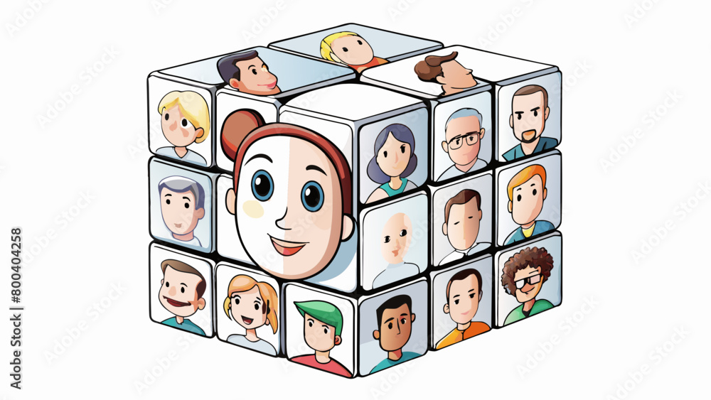 Poster A glossy white cube with no visible seams or edges but when looked at from a certain angle reveals multiple images of a persons face in different. Cartoon Vector.