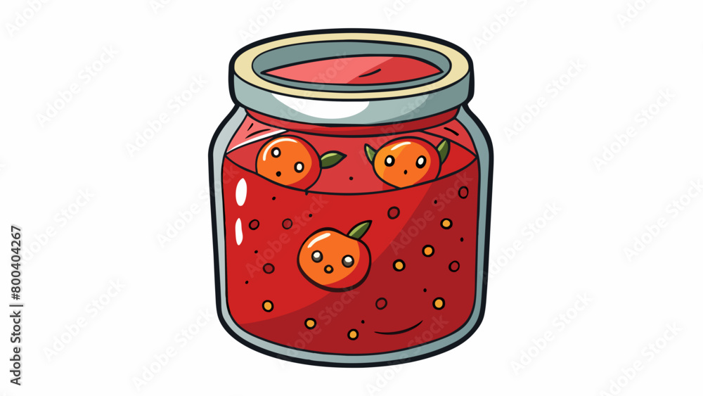 Poster a glass jar containing soft mushy fruit that has been cooked down into a thick jamlike consistency. 