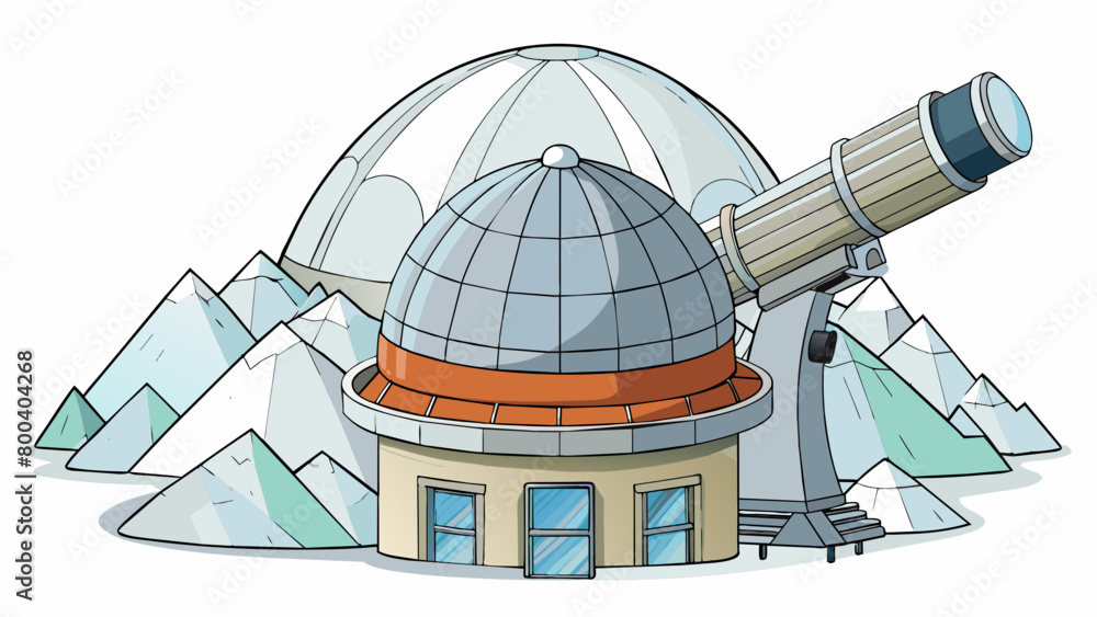 Poster a giant telescope nestled a snowy mountaintops with a large domeshaped structure protecting its lens