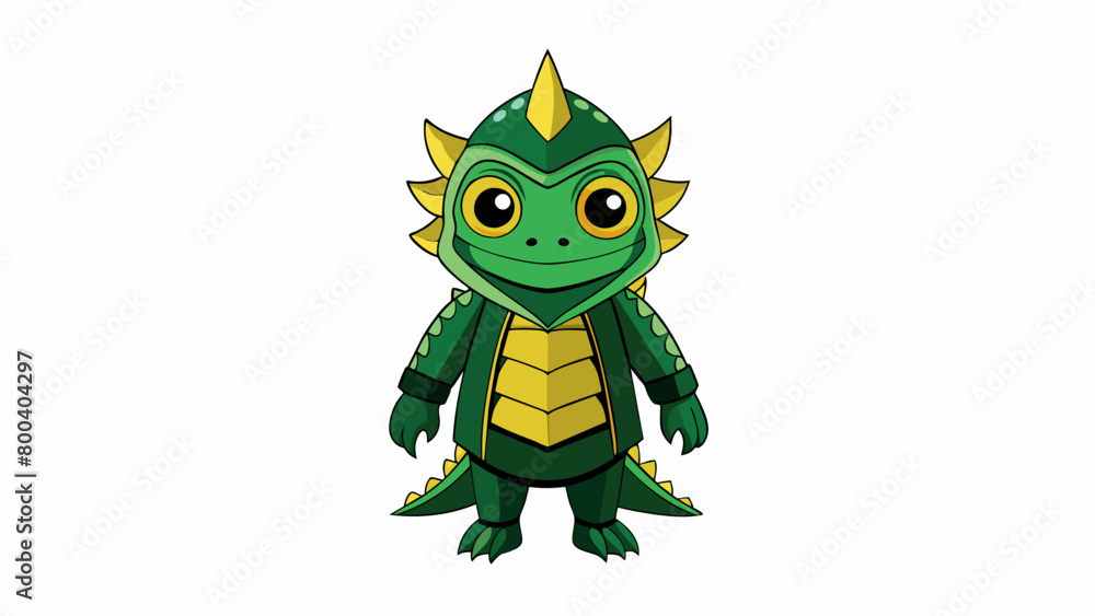 Poster a green scaly suit with a hood and tail perfect for transforming into a fearsome dragon. the suit fe