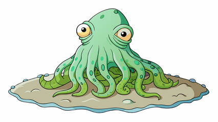 A giant squidlike creature with a body the size of a small island. Its thick rubbery skin is covered in slimy scales and it has a large gaping beak. Cartoon Vector.