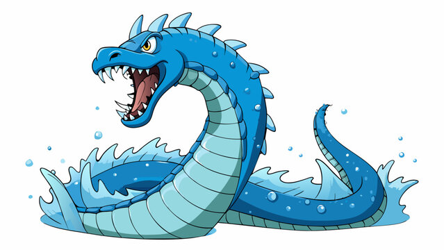 A giant sea serpent with a serpentine body covered in rows of sharp glistening teeth. Its massive head rises above the water like a tower spouting. Cartoon Vector.
