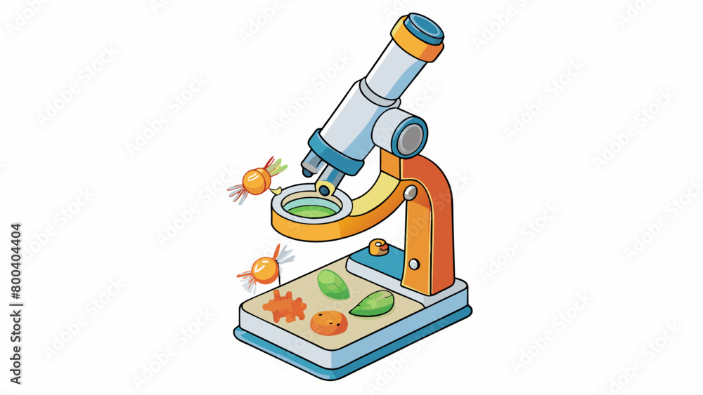 Poster A handheld toy microscope made of transparent plastic with a magnification lens attached to one end and a rotating wheel for focusing. The object tray. Cartoon Vector.