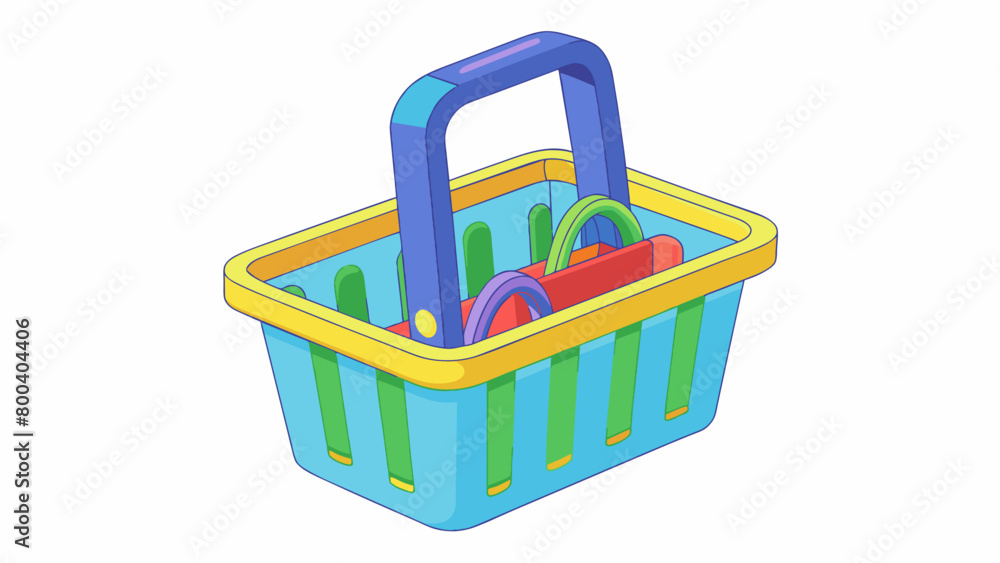 Poster A handheld shopping basket made of colorful flexible plastic. The basket features a sy handle and is divided into two sections perfect for separating. Cartoon Vector.